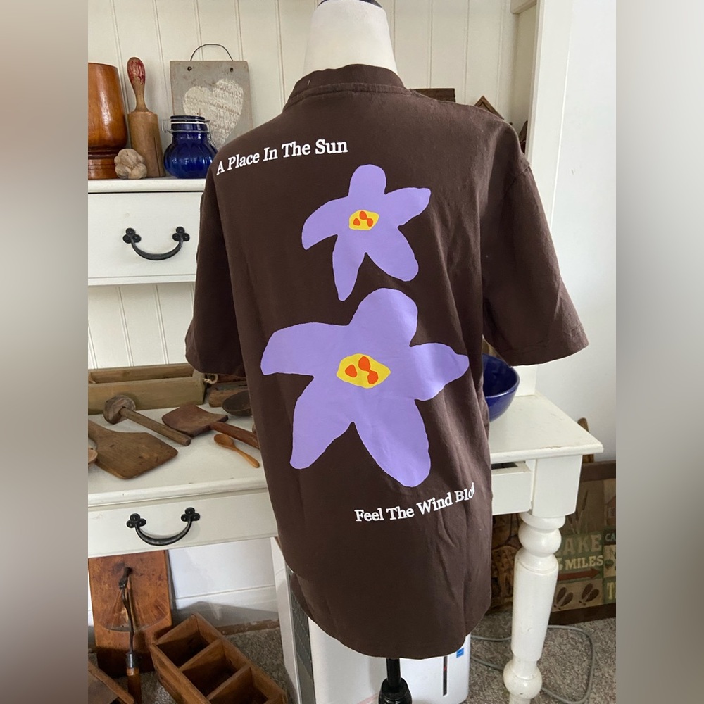 Butter Brown Short Sleeve Tee with Purple Flower Graphic - Picture 2 of 3